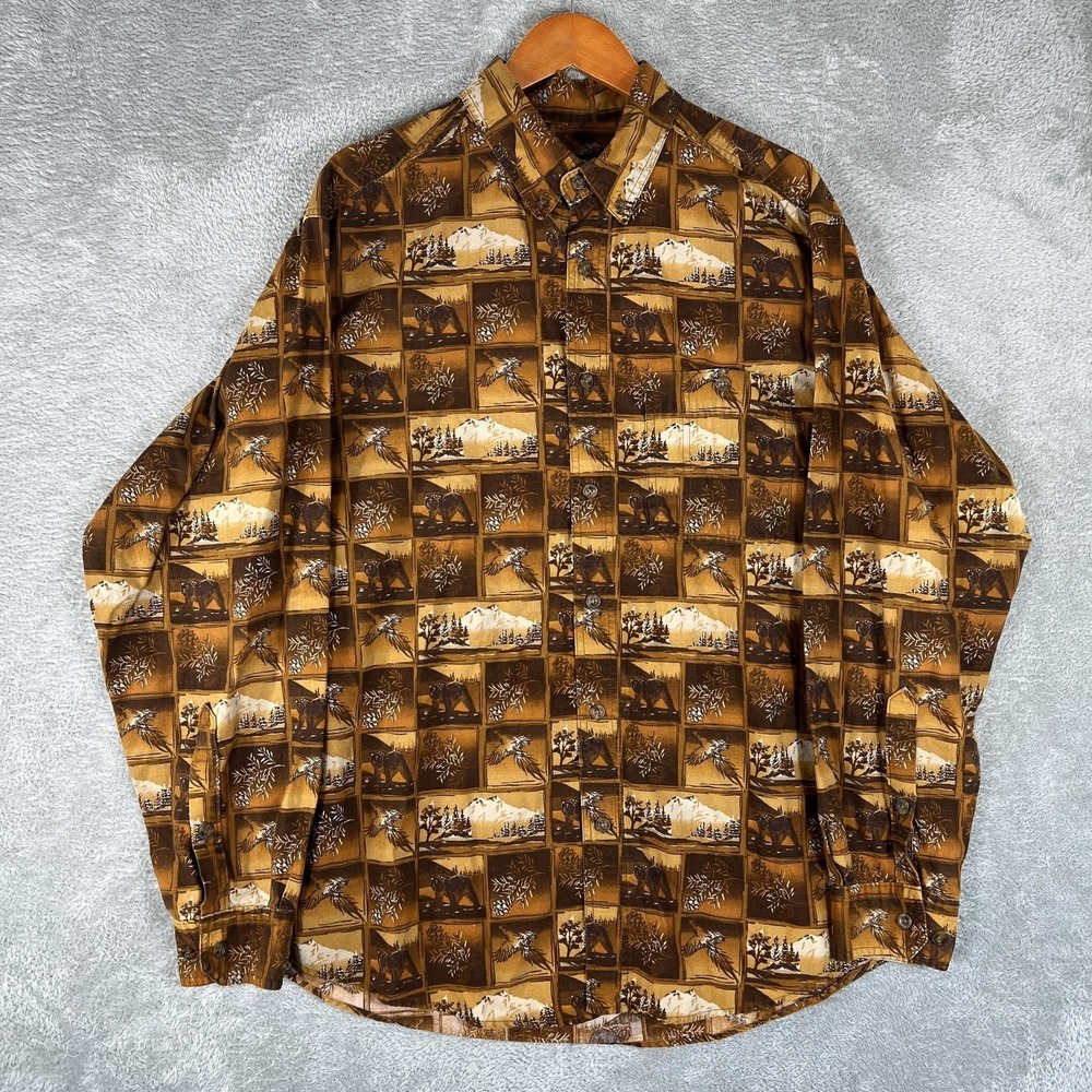 Woolrich Button Down Shirt Mens XL Brown‎ Wildlife Woodcut Print Outdoor Nature